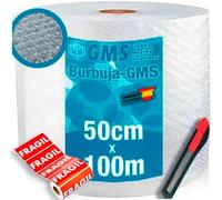 GMS - Rollo Papel Burbuja Extra Fuerte + Cutter + 10 Etiquetas Frágil - Rollo Burbuja Mudanza - Rollo Plastico Burbuja Embalaje, Especial Mudanza, Envio y Embalaje (50cm x 100m)