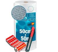 GMS - Rollo Papel Burbuja Extra Fuerte + Cutter + 10 Etiquetas Frágil - Rollo Burbuja Mudanza - Rollo Plastico Burbuja Embalaje, Especial Mudanza, Envio y Embalaje (50cm (Alto) x 50m (Largo))