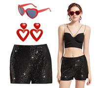 GMTCHLF Pantalones Cortos de Lentejuelas para Mujer, Cintura Alta, elásticos, con Forma de corazón, Gafas de Sol, aretes Brillantes con Purpurina, Pantalones Cortos de Fiesta, Color Negro, Negro -, M