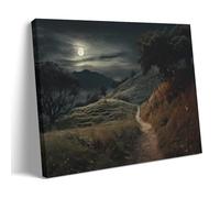 GMUKIFFY Cuadro rústico de camino de montaña sobre lienzo, arte de pared, luna, noche oscura, bosques, paisaje estirado y enmarcado, obras de arte para decoración del hogar, listo para colgar
