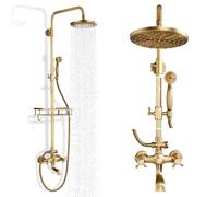 Gmusre Juego de grifo de ducha de latón antiguo de 8 pulgadas, cabezal de ducha con mango de cascada, boquilla de bañera montado en la pared, sistema de ducha al aire libre con estante de ducha