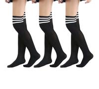 GNALIA Calcetines Medias Mujer 3 Pares, Overknee Negro Rayas Blancas Talla Única Para Uso Diario Y Cosplay