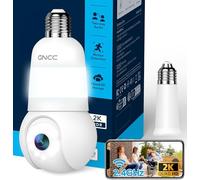 GNCC Cámara Bombilla Vigilancia WiFi Interior/Exterior, 355° PTZ 2K Camara con Bombilla E26/E27, Visión Nocturna en Color, Detección IA, Alarma Sonora, Suscripción a la Nube/SD Local, 2.4Ghz WiFi