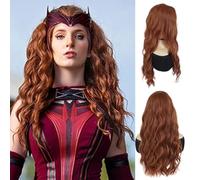 GNIMEGIL 25 pelucas largas de color rojo y castaño para cosplay de la Bruja Escarlata, para mujer, fibra resistente al calor con raya en medio,rizadas y onduladas,fibra sintética de aspecto natural