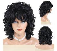 GNIMEGIL 38cm Peluca rizada negra con flequillo (años 70/80) disfraz de Drag Queen uso diario fibra sintética
