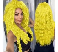 GNIMEGIL 71cm Peluca rizada amarilla mujeres resistente al calor Cosplay Halloween Body Wave color limón merengue