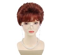 GNIMEGIL Conjunto de peluca corta y rizada de anciana,pelo sintético,pelucas de abuela,color rojo-marrón,Halloween,abuelita y mamá,blancas para mujer con gafas,collar y cadena para mujeres mayores