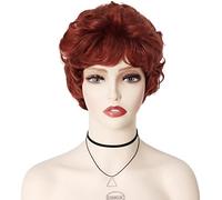GNIMEGIL Peluca corta rizada roja con flequillo mujeres uso diario Cosplay Halloween disfraz cobrizo fibra sintética con gorra