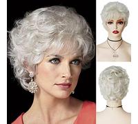 GNIMEGIL Peluca corta rubio platino con rizos blancos de peinados naturales,cabello en capas, sintética,.pelucas de disfraz para mujer,para fiestas, para mamás,para Halloween