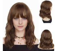 GNIMEGIL Peluca de cabello castaño de 15 pulgadas de longitud media con flequillo, pelucas rizadas onduladas para mujer, pelucas de repuesto de cabello castaño natural, peluca de cosplay de Halloween