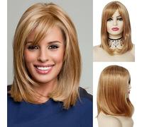 GNIMEGIL Peluca de fresa, peluca rubia para Halloween con flequillo, pelucas bob de longitud media para mujer, estilo mom bob, con mechas y cabello liso natural tipo celebrity