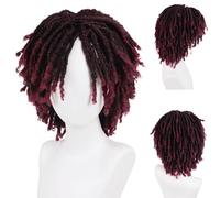 GNIMEGIL Peluca de rastas para hombre, color rojo vino degradado, rizada, rastas falsas, peluca corta trenzada con flequillo, pelucas rastas realistas para disfraz de Halloween