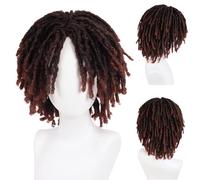 GNIMEGIL Peluca de rastas para hombre, pelo rizado degradado castaño rojizo, cosplay masculino, rastas falsas loc, peluca corta trenzada con flequillo, pelucas Rasta realistas twist divertidas