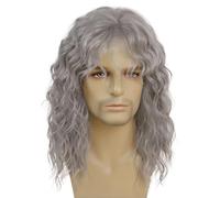 GNIMEGIL Peluca larga rizada gris hombres fiesta Halloween Cosplay con flequillo fibra sintética natural