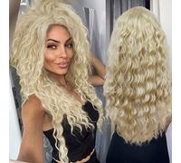GNIMEGIL Peluca larga rubia rizada, ondulada, esponjosa, suave, de aspecto natural, pelo sintético grueso para fiestas diarias, cosplay, disfraz de Halloween (rubio más claro)