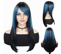 GNIMEGIL Peluca larga y lisa de 66 cm,en dos tonos, color azul y negro,de fibra sintética,estilo gótico,para cosplay, con flequillo