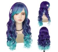 GNIMEGIL Peluca larga y ondulada para disfraces y cosplay,pelucas de sirena para mujer,fiesta de Halloween,color morado mezclado con turquesa, rizada y ondulada,fibra sintética resistente al calor