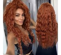 GNIMEGIL Peluca rizada de pelo sintético,color jengibre largo y naranja rojizo,estilo Mérida,con ondas esponjosas,raya libre,línea de cabello natural y tonos cobrizos.Halloween,cosplay，drag queen.