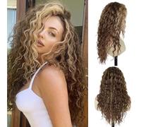 GNIMEGIL Peluca rizada marrón extralarga pelucas con ondas grandes al estilo de los años 80 para mujer, con mechas rubias,rizos esponjosos,raya libre,raíz sintética,fiestas de disfraces y carnaval