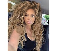 GNIMEGIL Peluca rizada natural en tono castaño claro con efecto ombré; pelucas largas y onduladas para mujer;cabello ondulado;raya libre;sintética;ideal para el día a día,fiestas,cosplay,Halloween
