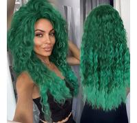 GNIMEGIL Peluca verde rizada y ondulada de 66 cm de largo, con degradado natural, de pelo sintético esponjoso, con raya libre y línea de cabello densa, ideal para disfraces,cosplay,Halloween