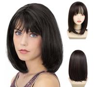 GNIMEGIL pelucas cortas marrones para mujer,peluca sintética de corte bob con flequillo, peluca Velma de aspecto natural para el día a día y fiestas, con mechas