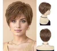 GNIMEGIL Pelucas cortas marrones para mujer,peluca sintética resistente a altas temperaturas, corte pixie con flequillo, pelucas de pelo corto de aspecto natural para el día a día,madres y abuelas