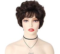 GNIMEGIL Pelucas cortas rizadas de color marrón oscuro con flequillo esponjoso de para mujer; pelucas sintéticas onduladas para cosplay, ideales para el día a día y para fiestas