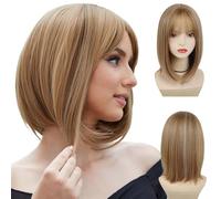 GNIMEGIL Pelucas de 40 cm en color marrón claro. disfraz de anime,peluca corta de estilo bob para cosplay en color marrón con flequillo.naturales bonitas y suaves,para fiestas.
