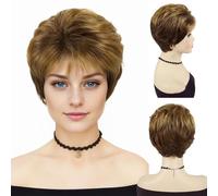 GNIMEGIL Pelucas de color castaño dorado, pelo corto y rizado con flequillo; pelucas para el día a día y fiestas para mujeres blancas; peluca sintética de aspecto natural (castaño dorado)