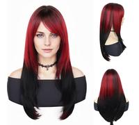 GNIMEGIL Pelucas de dos tonos rojo y negro para mujer. Peluca sintética lisa de 66 cm de largo,Ideal para drag queens, juegos de rol,cosplay,estilo gótico y fiestas Halloween