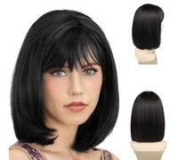 GNIMEGIL Pelucas negras para mujer, peluca estilo Bob con flequillo, peluca de pelo corto, lacio, bonita parte media, sintética, resistente al calor, para cosplay, fiesta de disfraces