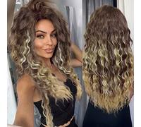 GNIMEGIL pelucas rizadas de 66 cm para mujer, sintético,peluca marrón con mechas rubias,pelucas con ondas suaves y naturales para el día a día,fiestas de carnaval,Halloween,cosplay años 80