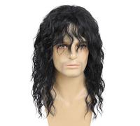 GNIMEGIL Pelucas rockeras de los años 70 y 80 para hombre peluca larga y rizada de color negro natural, ideal para disfraces de Halloween y anime, con flequillo