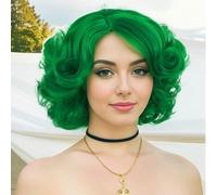 GNIMEGIL Pelucas verdes para mujer: peluca corta de pelo rizado verde oscuro, peluca de cosplay con capas y ondas grandes, ideal para el Día de San Patricio, de pelo sintético,Halloween