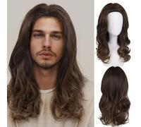 GNIMEGIL Sofisticada peluca larga ondulada para hombre en color marrón intenso, peluca rizada natural, disfraz de Halloween, pelucas de juego de roles, color marrón en fibra sintética
