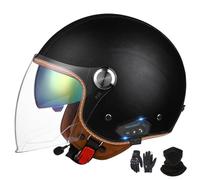 GNIUBBDB Casco Jet con Bluetooth, Casco de Motocicleta, certificación ECE, Casco de Cuero, Casco de Scooter, Casco Jet para Adultos, Hombres y Mujeres con Visera Solar Doble D-1,M (54-57 cm)
