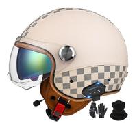 GNIUBBDB Casco Jet con Bluetooth, Casco de Motocicleta, certificación ECE, Casco de Cuero, Casco de Scooter, Casco Jet para Adultos, Hombres y Mujeres con Visera Solar Doble A-2,XL (60-62 cm)