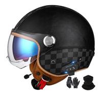 GNIUBBDB Casco Jet con Bluetooth, Casco de Motocicleta, certificación ECE, Casco de Cuero, Casco de Scooter, Casco Jet para Adultos, Hombres y Mujeres con Visera Solar Doble B-2,XL (60-62 cm)