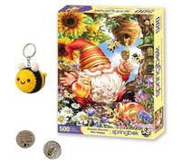Gnome Worries Bee Happy Gift Set: rompecabezas de 500 piezas, llavero estilo ganchillo de abeja amarilla brillante y negra, y dos fichas de abeja de metal (no te preocupes, no te preocupes, sé feliz)