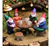 Gnomos de jardín 6 Unids/Set Lindas Figuras de Gnomo Realistas Estatua de Gnomo de Reunión de Resina con Taburete y Mesa Decoraciones de Gnomos Coleccionables para Patio Jardín Al Aire Libre, Decorac