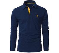 GNRSPTY Polo Manga Larga Hombre Algodon Slim Fit Camiseta Colores de Contraste Bordado de Ciervo Deporte Basic Golf Negocios T-Shirt Top,Azul,L