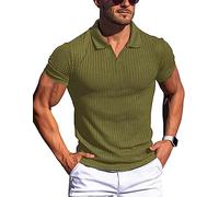 Gnvviwl Polos de algodón con cuello de pico para marcar músculos para hombre, ajustado, de manga corta y larga, camisetas de golf, punto acanalado, camisetas suaves, Verde militar, Medium