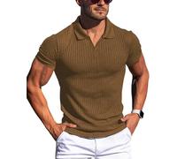 Gnvviwl Polos de algodón con cuello de pico para marcar músculos para hombre, ajustado, de manga corta y larga, camisetas de golf, punto acanalado, camisetas suaves, Café, Large