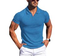 Gnvviwl Polos de algodón con cuello de pico para marcar músculos para hombre, ajustado, de manga corta y larga, camisetas de golf, punto acanalado, camisetas suaves, Azul, XX-Large
