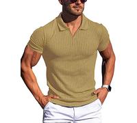 Gnvviwl Polos de algodón con cuello de pico para marcar músculos para hombre, ajustado, de manga corta y larga, camisetas de golf, punto acanalado, camisetas suaves, Caqui, Medium