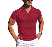 Gnvviwl Polos de algodón con Cuello de Pico para marcar músculos para Hombre, Ajustado, de Manga Corta y Larga, Camisetas de Golf, Punto Acanalado, Camisetas Suaves, Rojo Vino, Small