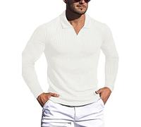 Gnvviwl Polos de algodón con cuello de pico para marcar músculos para hombre, ajustado, de manga corta y larga, camisetas de golf, punto acanalado, camisetas suaves, Z blanco, Small