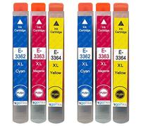Go Inks® 2 Juegos de 3 Cartuchos de Tinta C/M/Y para reemplazar Epson T3357 C/M/Y (Serie 33XL), Compatible con impresoras Epson Expression Home (6 tintas), Alta Capacidad (XL)