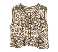 Goadameleri Chaleco de Punto de Ganchillo de Las Mujeres Boho Coreanas Chaleco Vintage Patrón Floral Colorido Chaqueta de Punto sin Mangas Retro Hippie con Cuello en V Top Corto con Botones